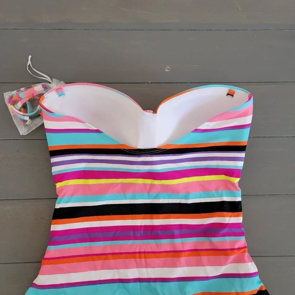 Anne Cole Women Strapless Striped Twist Front Shirred One Piece Swimsuit Size 10